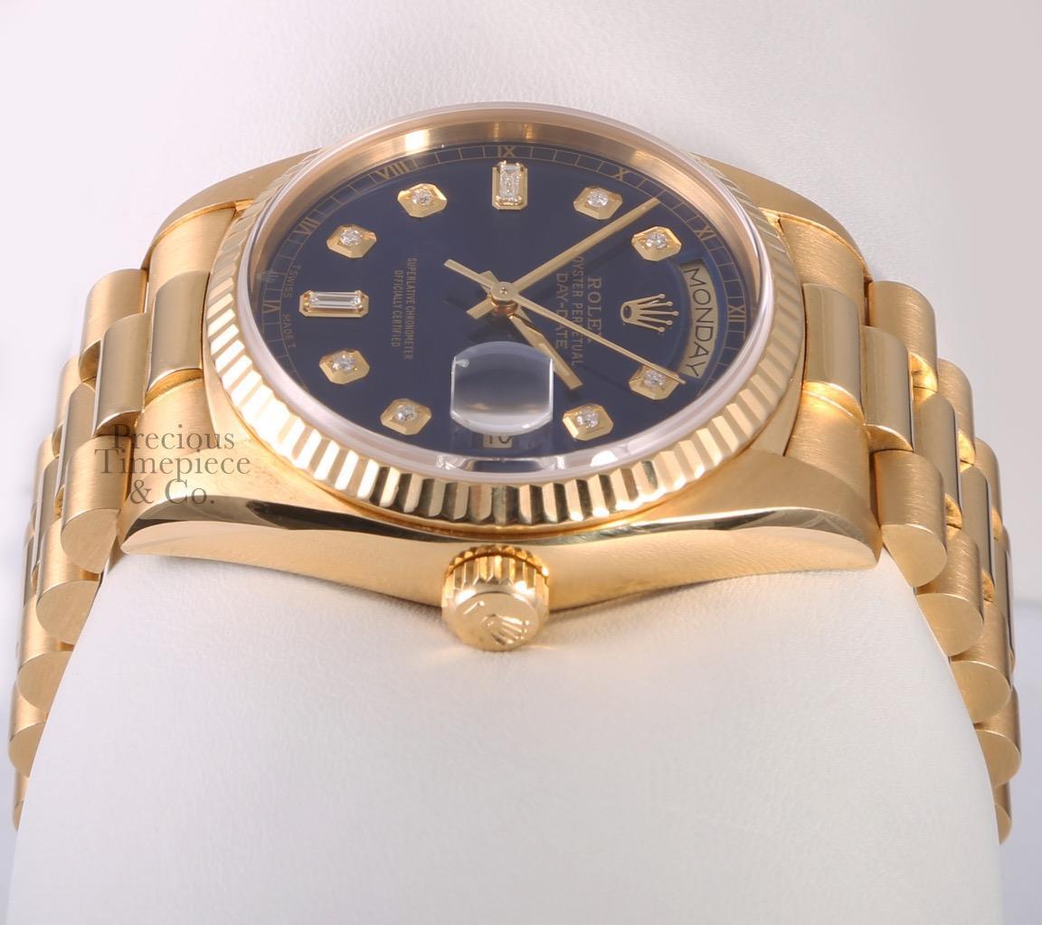 Rolex 18k Gold Day-Date 18238 President 36mm-Blue Diamond Dial- 18k Fluted Bezel