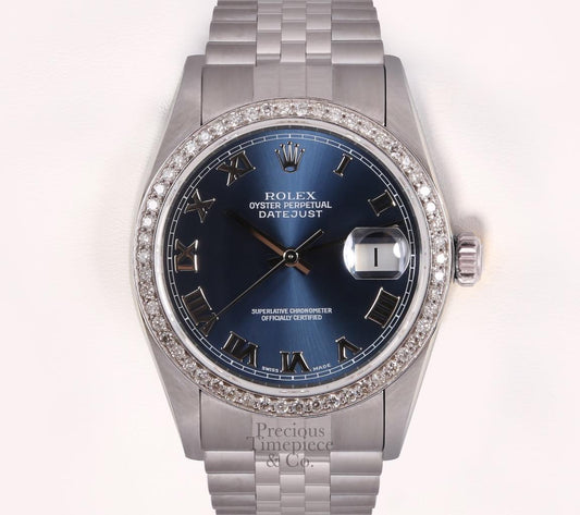 Rolex Men Datejust Stainless Steel 36mm Watch-Navy Roman Dial-Diamond Bezel