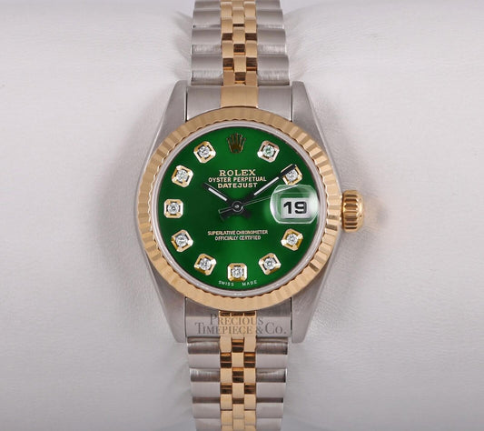 Rolex Lady Datejust 26mm Two Tone SS 18k Gold Fluted-Custom Green Diamond Dial