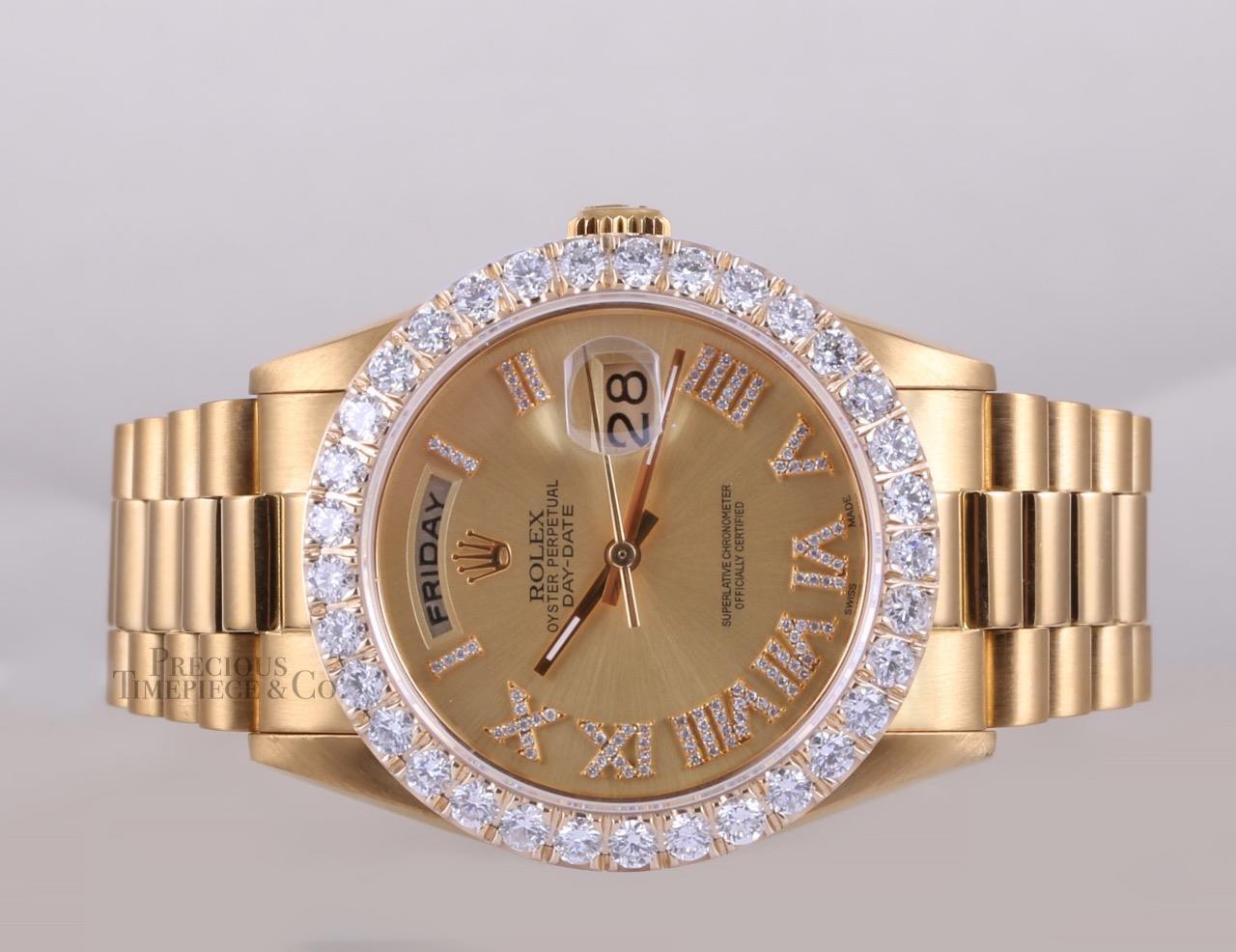 Rolex Mens Day-Date 18238 36mm 18k Gold Diamond Roman Dial-3CT Diamond Bezel