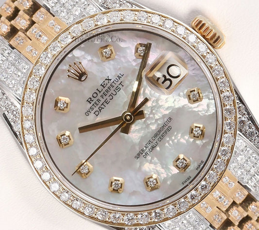 Rolex Datejust Two Tone 18k-Steel 36mm Full 10ct Diamond Flooded White MOP Dial