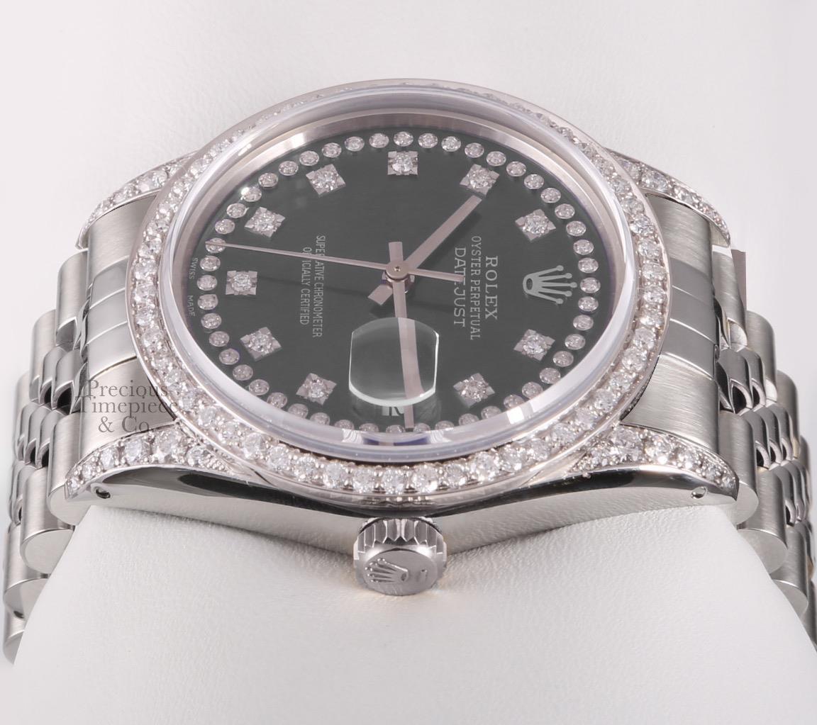 Rolex Datejust Steel 36mm-Gray String Diamond Dial-Diamond Lugs-Diamond Bezel