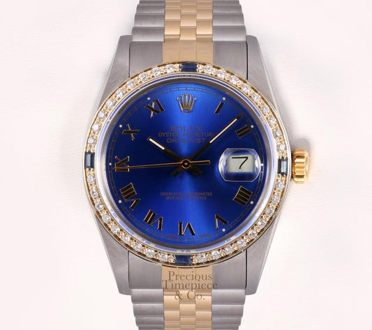 Rolex Men Datejust 36mm Two Tone 18k Gold Sapphire Diamond Bezel-Blue Roman Dial