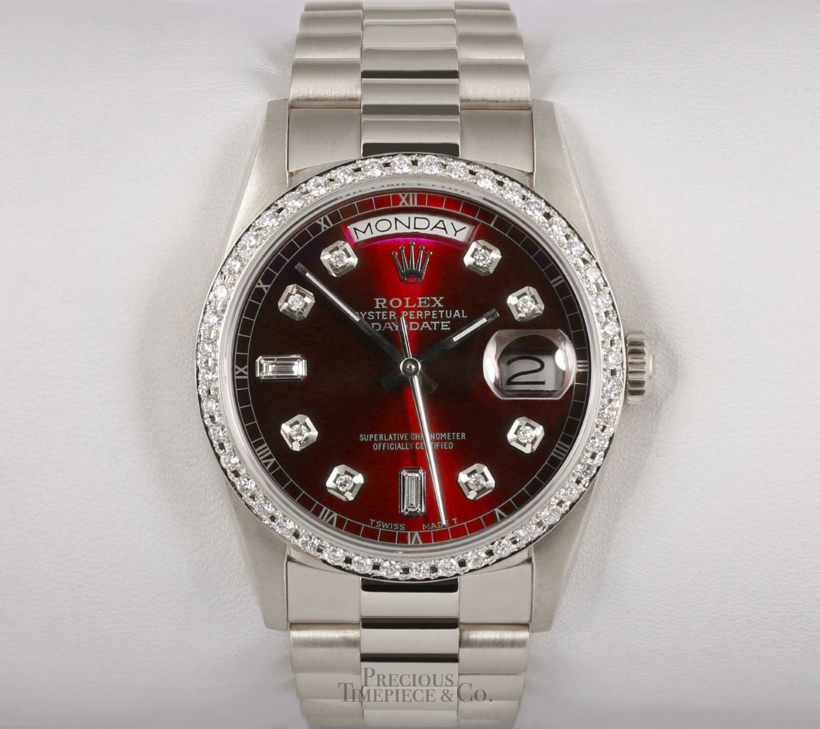 Rolex Day-Date 18239 Presidential 18k White Gold 36mm-Red Dial-Diamond Bezel