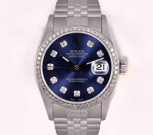 Rolex Datejust Stainless Steel 36mm Watch-Navy Diamond Dial-Diamond Bezel-Box