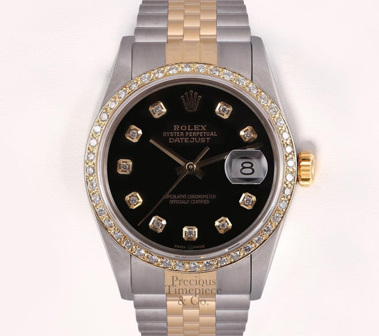 Rolex Datejust 36mm Watch Two Tone Steel 18k Diamond Bezel-Black Diamond Dial