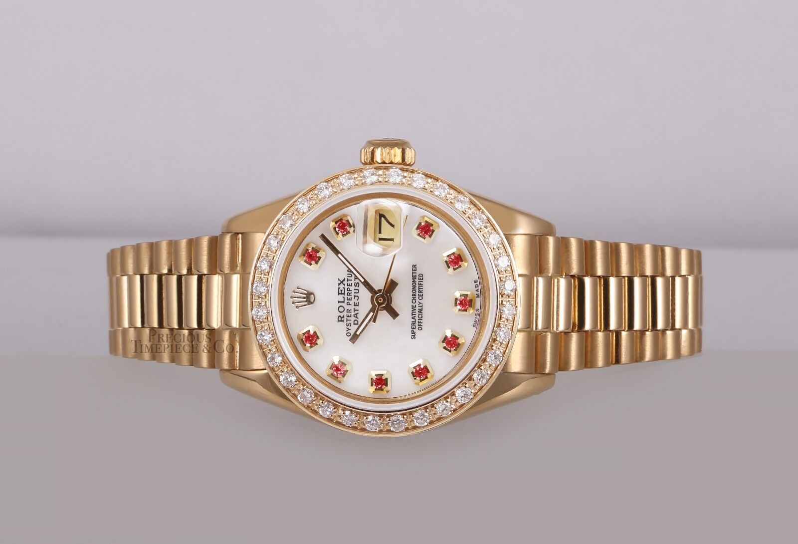 Rolex President Lady 18k Watch-Diamond Bezel-White MOP Ruby Diamond Dial-26mm