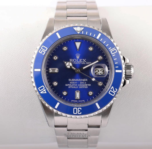 Rolex Submariner 16610 Date Steel 40mm-Custom Blue Ceramic & Blue Diamond Dial