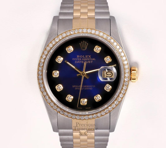 Rolex Datejust Two Tone 36mm Steel 18k Diamond Bezel-Blue Vignette Diamond Dial