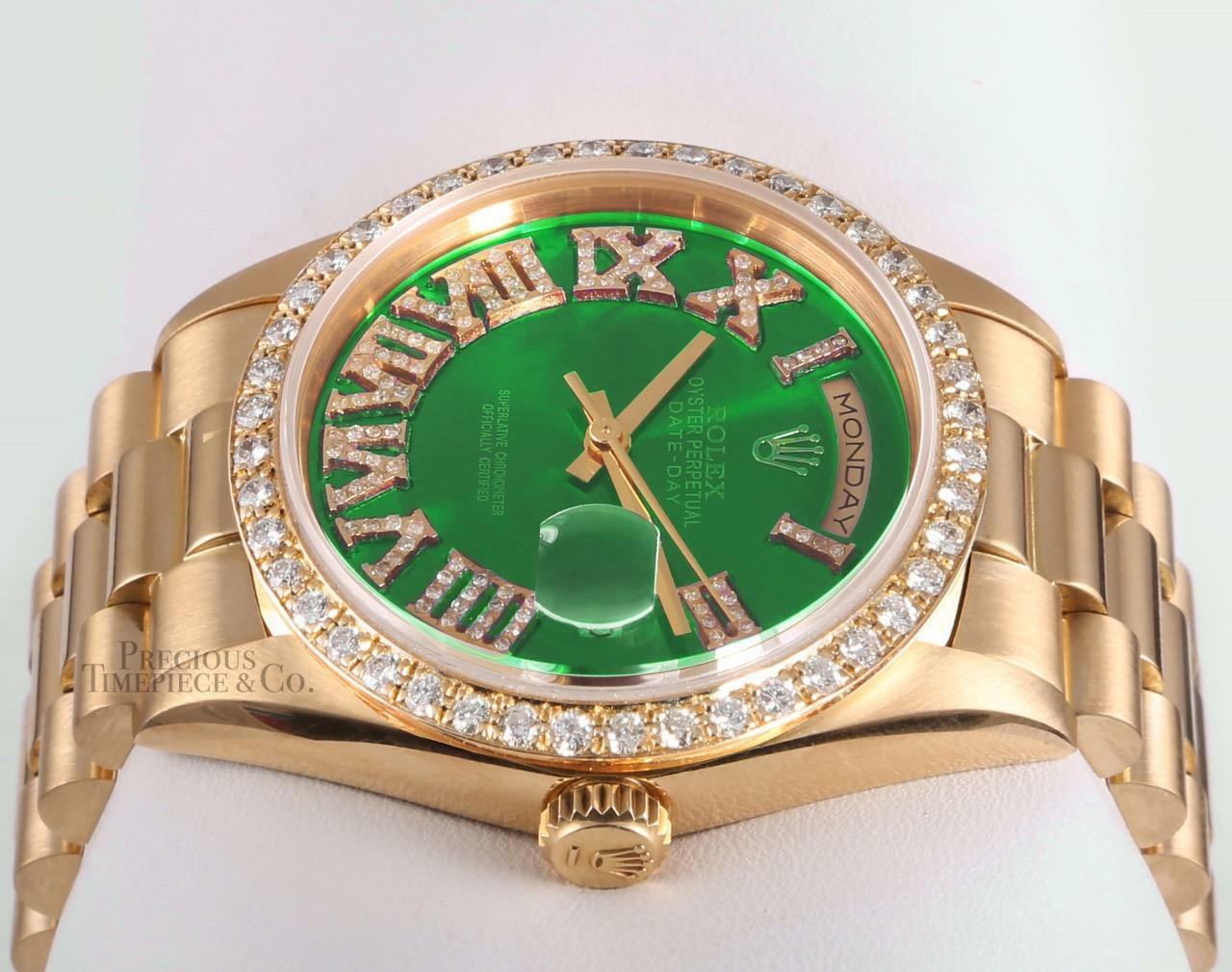 Rolex President 18038 Day Date 18k-Green Roman Diamond Dial-Diamond Bezel 36mm