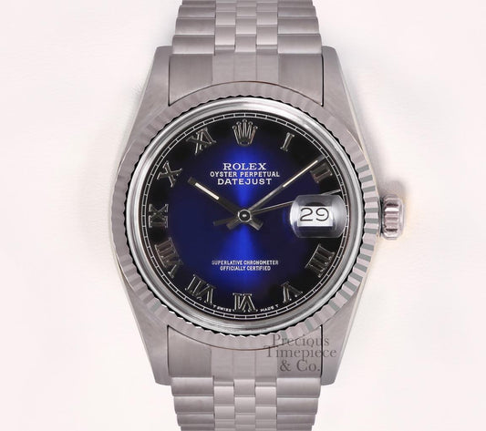 Rolex Datejust Steel 36mm 18k Fluted Bezel-Blue Vignette Roman Dial