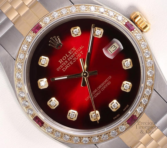 Rolex Datejust Two Tone Ruby 18k Diamond Bezel 36mm-Red Vignette Diamond Dial