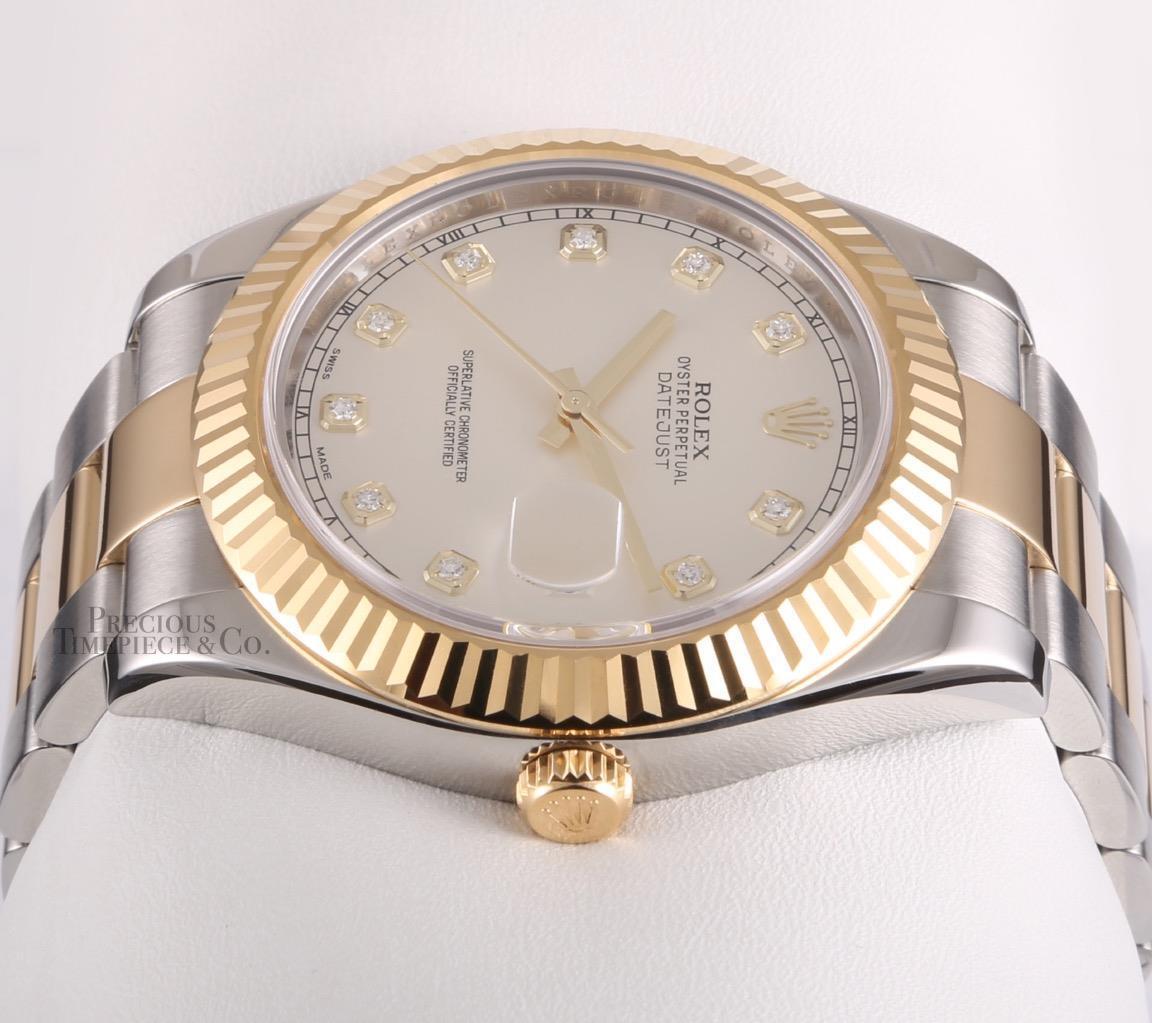 Rolex Men Datejust II Oyster 116333 18k Two Tone 41mm Ivory Diamond Dial-Fluted