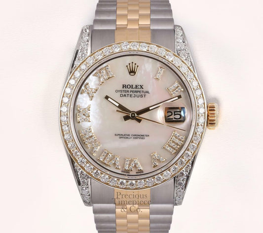 Rolex Datejust Two Tone Steel 18k Diamond Bezel-Lug-White MOP Diamond Roman Dial