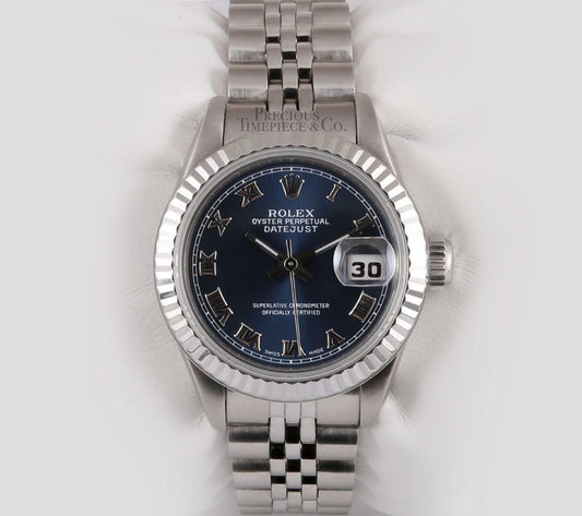 Rolex Lady Datejust 26mm Stainless Steel Watch-Navy Roman Dial-18k Fluted Bezel