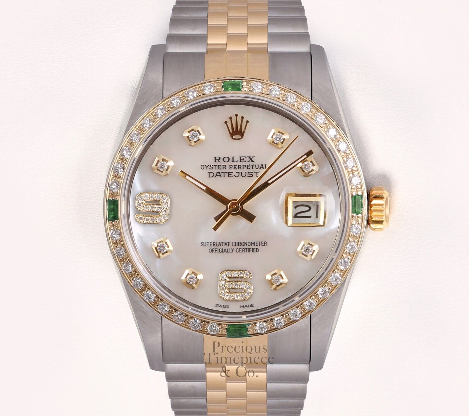 Rolex Datejust 36mm Two Tone 18k Emerald Diamond Bezel-White MOP Diamond 6&9