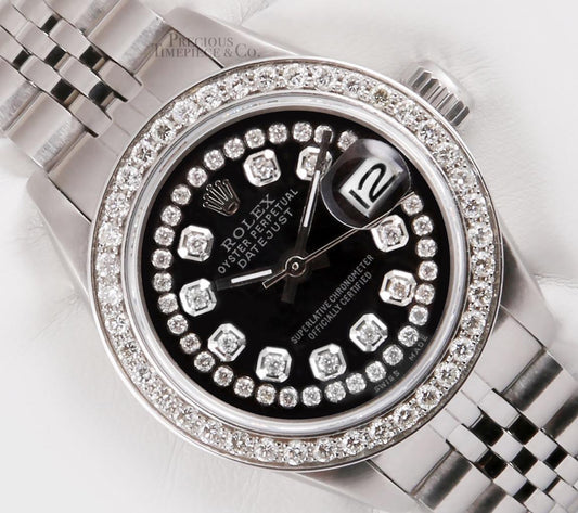 Rolex Lady Datejust Stainless Steel 26mm-Black String Diamond Dial-Diamond Bezel