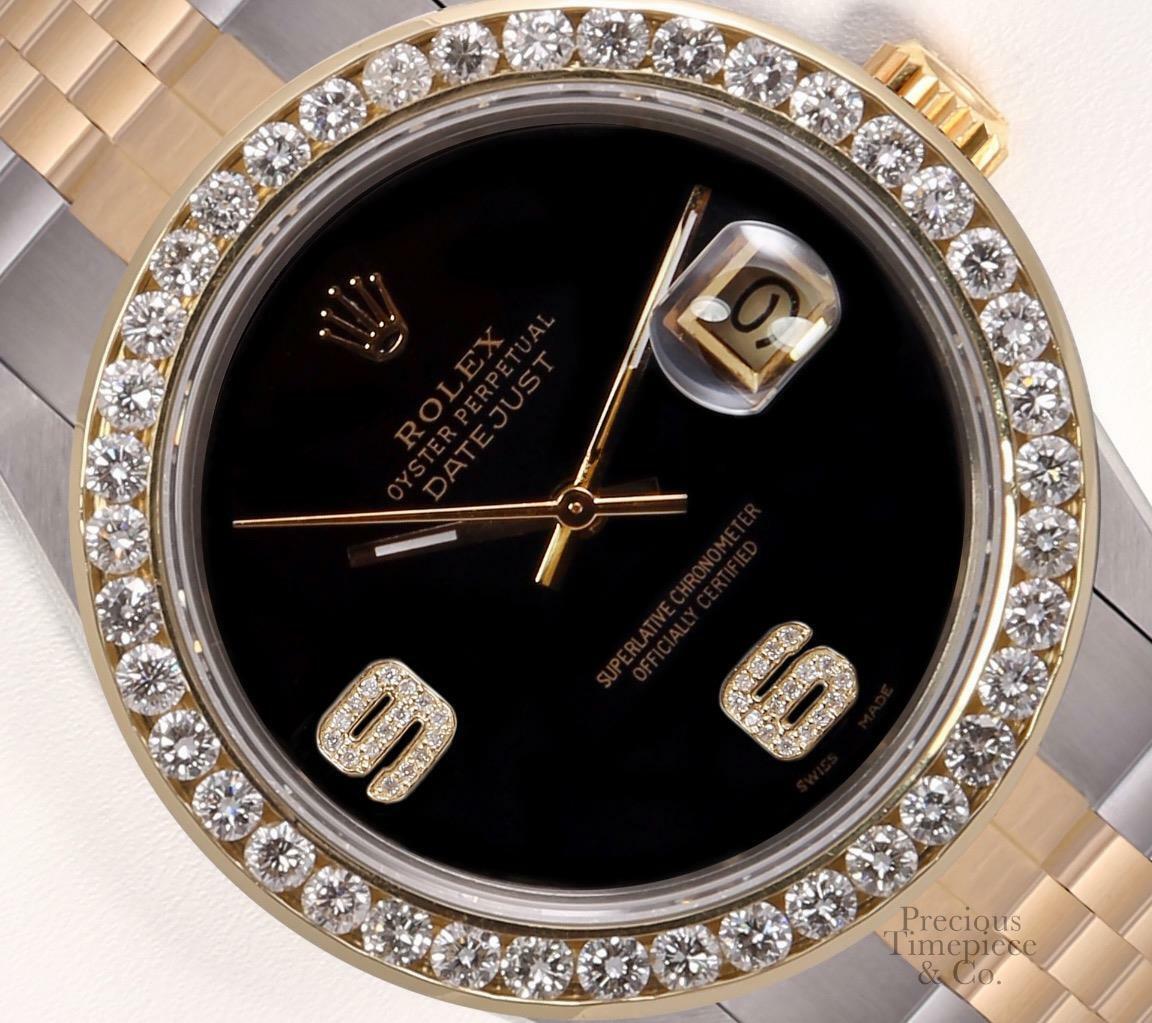 Rolex Datejust 36mm Two Tone 18k Steel-3CT Diamond Bezel-Onyx Diamond 6&9 Dial