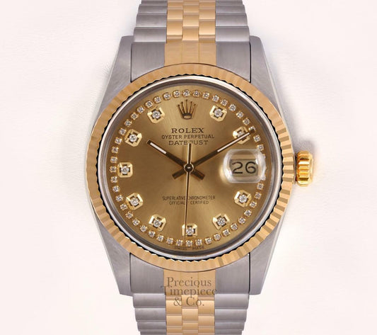 Rolex Datejust 36mm Two Tone Steel 18k Fluted Bezel-Champagne String Dial