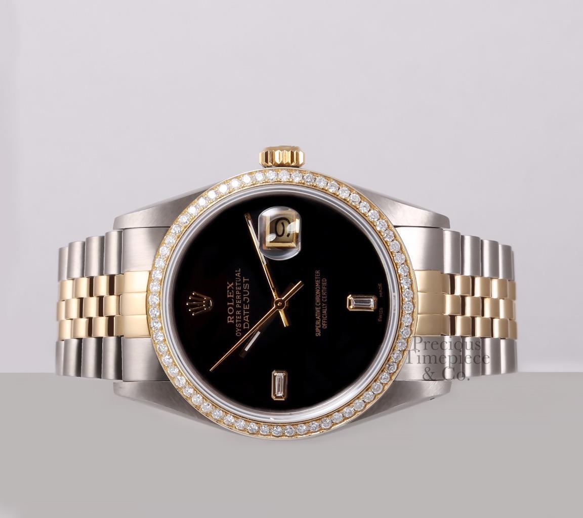 Rolex Datejust Two Tone S/Steel 18k Diamond Bezel 36mm Watch-Onyx Baguette Dial