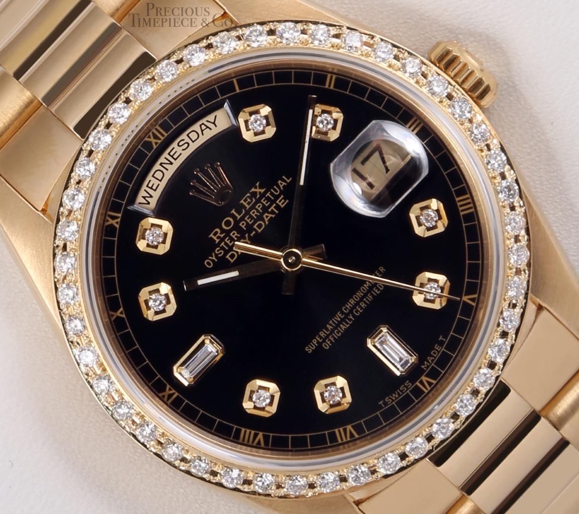 Rolex President 18k Yellow Gold 18238 Black Baguette Diamond Dial Diamond Bezel