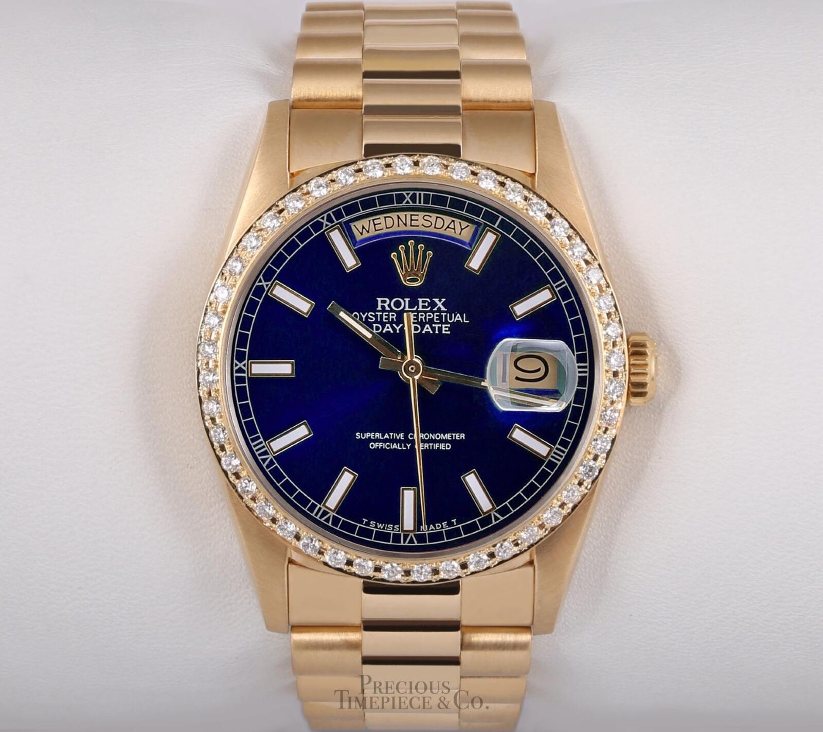 Rolex Day-Date 18238 Presidential 18k Gold Diamond Bezel 36mm-Blue Stick Dial