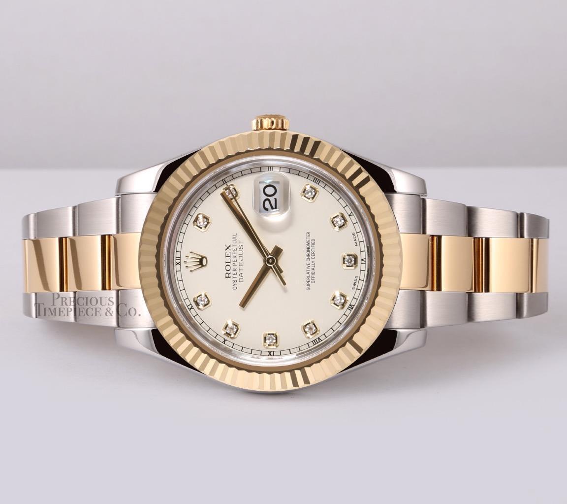 Rolex Men Datejust II Oyster 116333 18k Two Tone 41mm Ivory Diamond Dial-Fluted