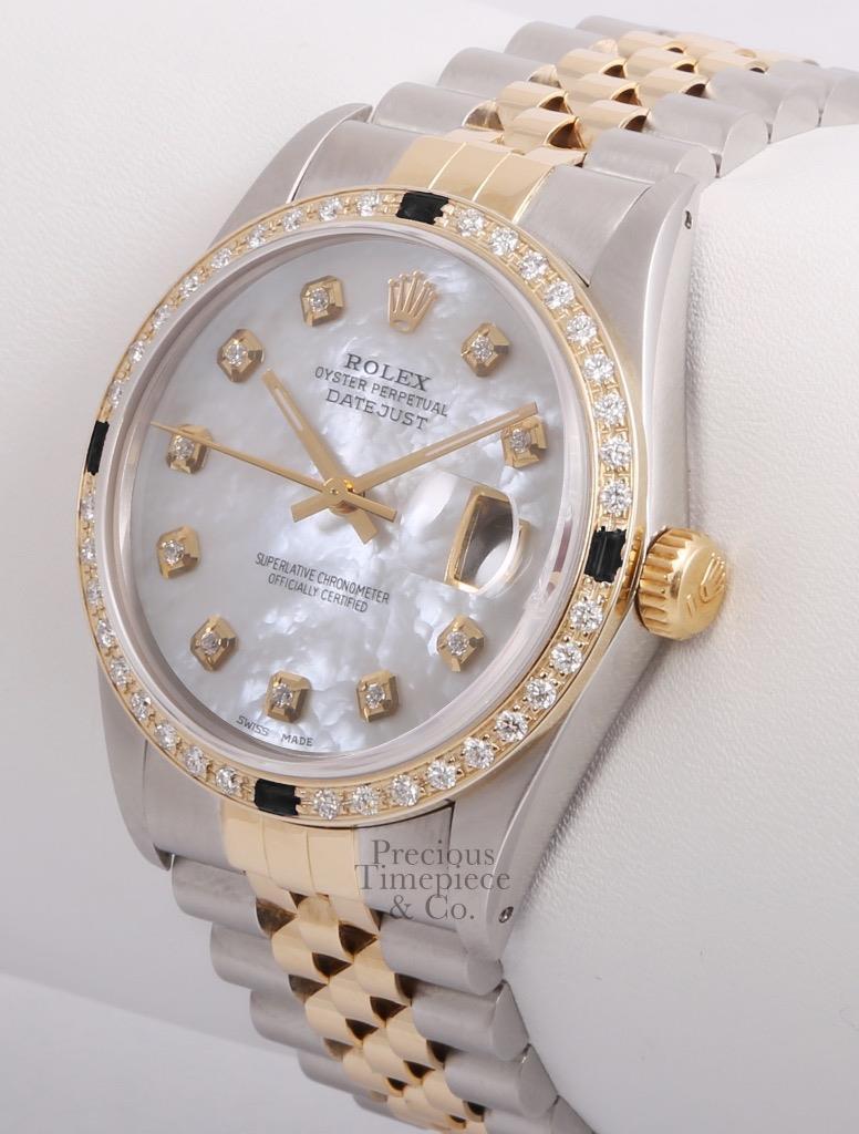 Rolex Datejust Two Tone Gold/SS-White MOP Diamond Dial-Black Gem & Diamond Bezel