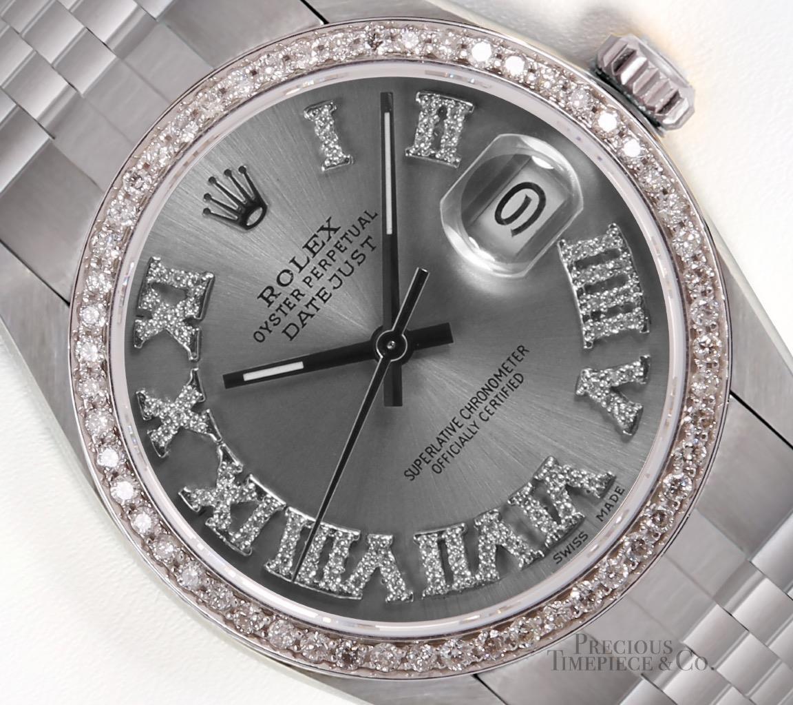 Rolex Datejust Stainless Steel 36mm Watch-Gray Roman Diamond Dial-Diamond Bezel