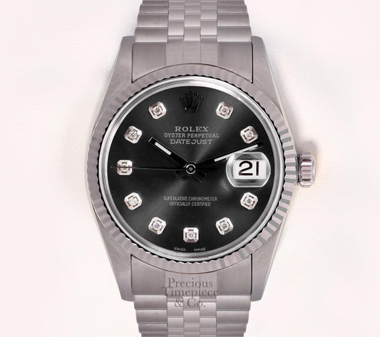 Rolex Men Datejust Stainless Steel 18k Fluted Bezel 36mm Watch-Gray Diamond Dial