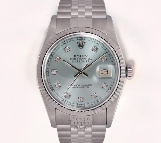 Rolex Men Datejust 36mm Steel 18k Fluted Bezel Watch-Ice Blue Diamond Dial