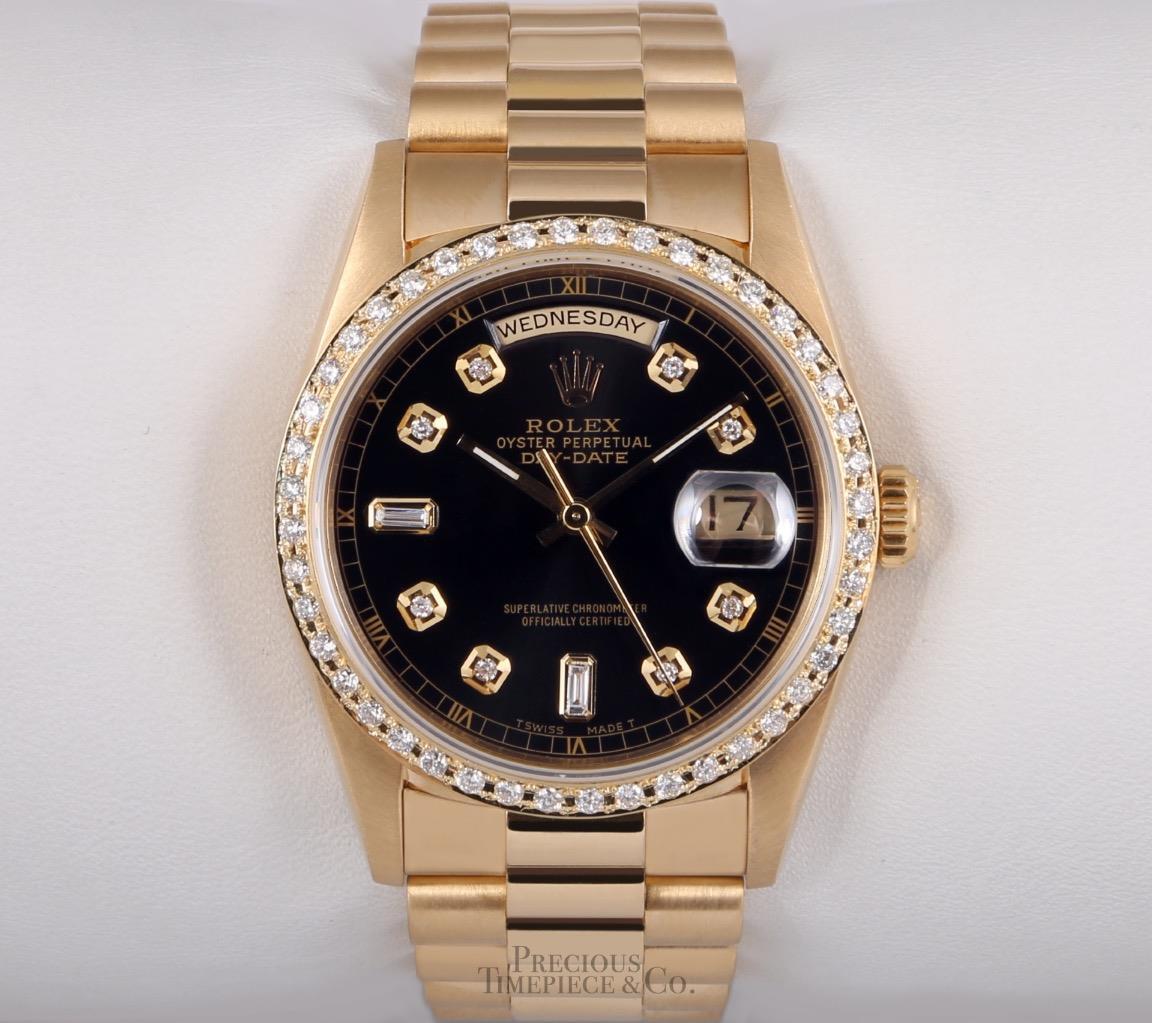 Rolex President 18k Yellow Gold 18238 Black Baguette Diamond Dial Diamond Bezel