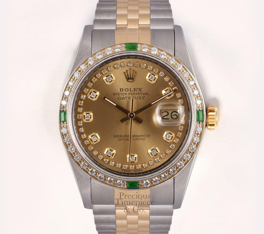 Rolex Datejust 36mm 18k Gold & Steel Emerald Diamond Bezel-Champagne String Dial