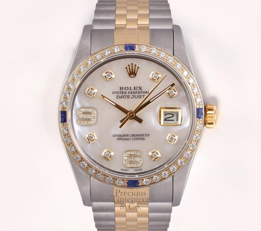 Rolex Datejust Two Tone 18k Sapphire Bezel 36mm Watch-White MOP Diamond 6&9 Dial