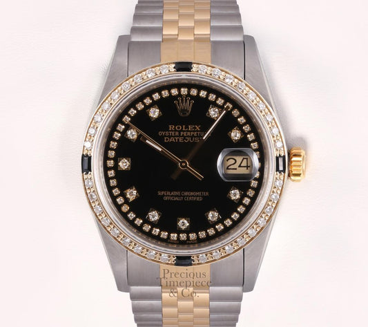 Rolex Datejust Two Tone 36mm Watch 18k Diamond Bezel-Black String Diamond Dial