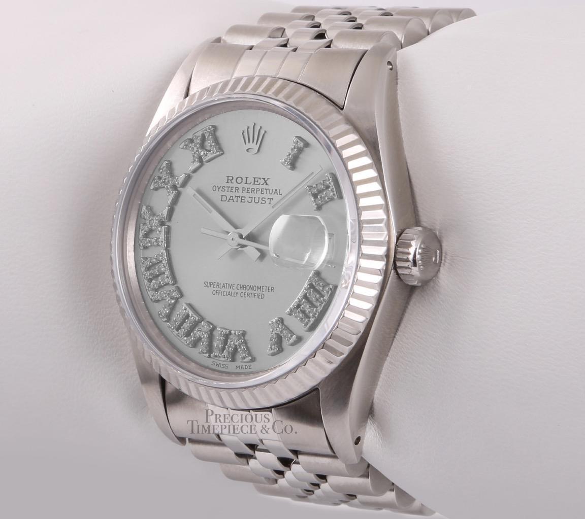 Rolex Mens Datejust SS 36mm-18k Fluted Bezel-Gray Roman Diamond Dial