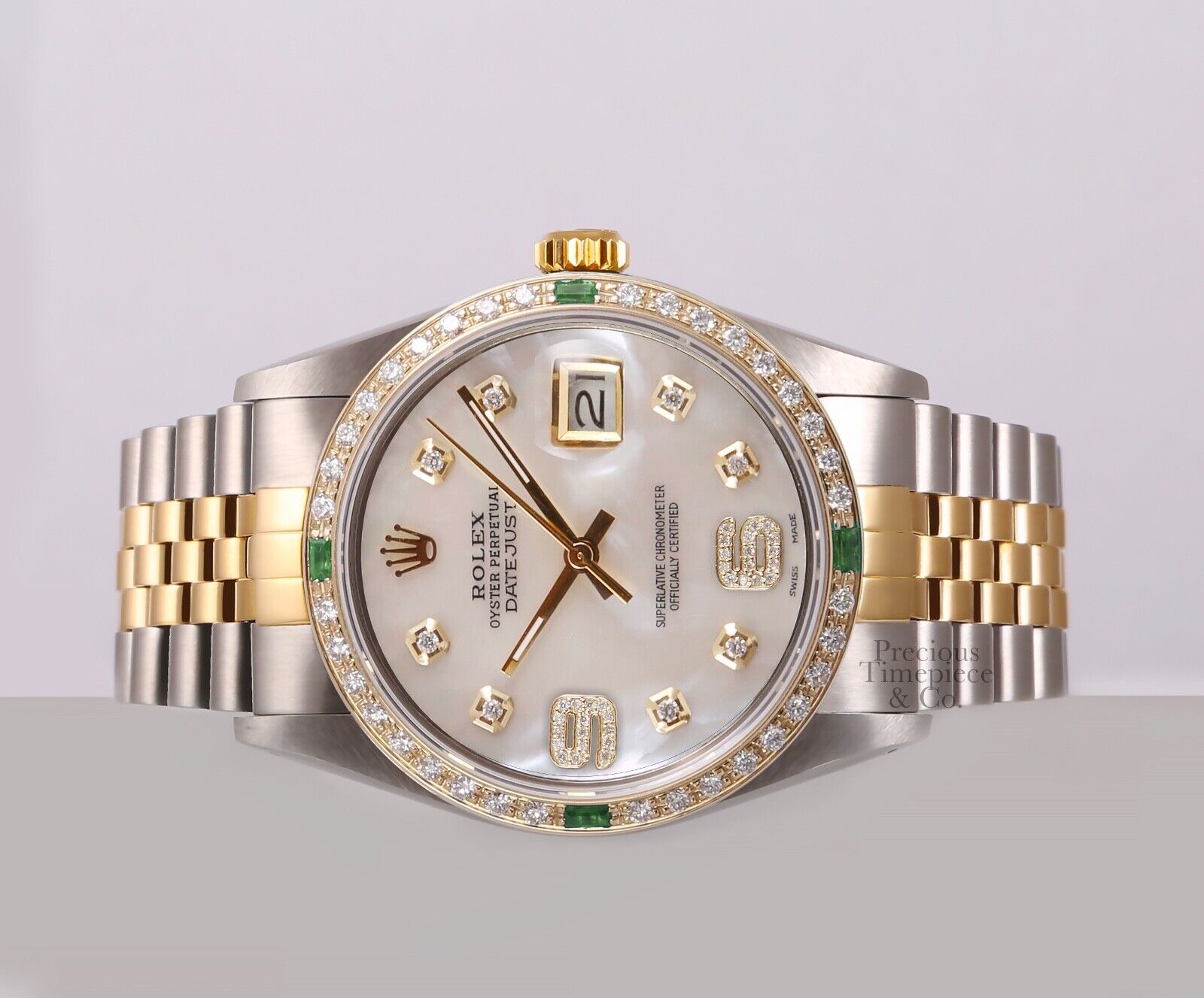 Rolex Datejust 36mm Two Tone 18k Emerald Diamond Bezel-White MOP Diamond 6&9