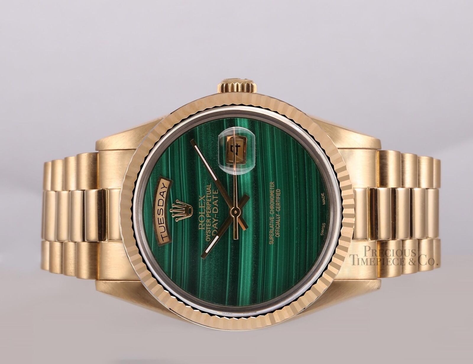 Rolex Men Day-Date 18038 Presidential 18k Gold 36mm- Malachite Green Marble Dial