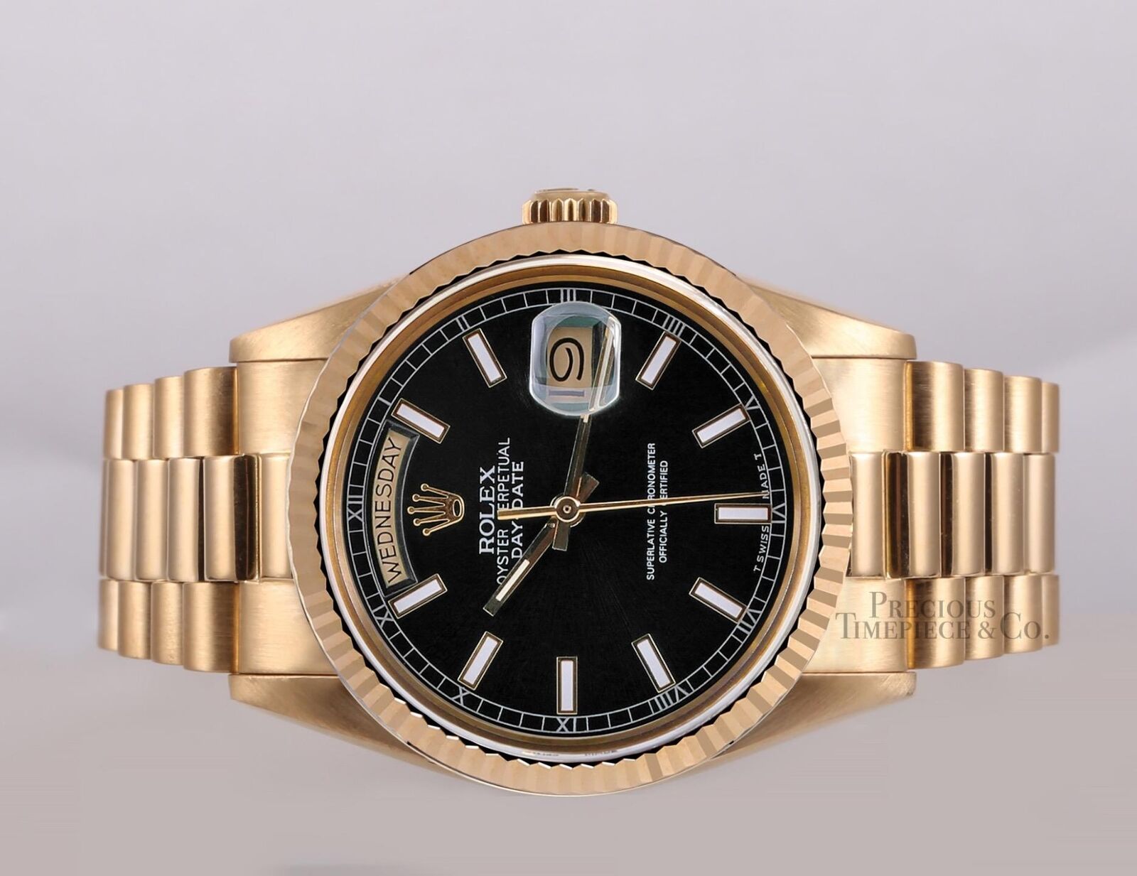 Rolex Day-Date 18238 Presidential- 18k Gold Fluted Bezel 36mm-Black Stick Dial