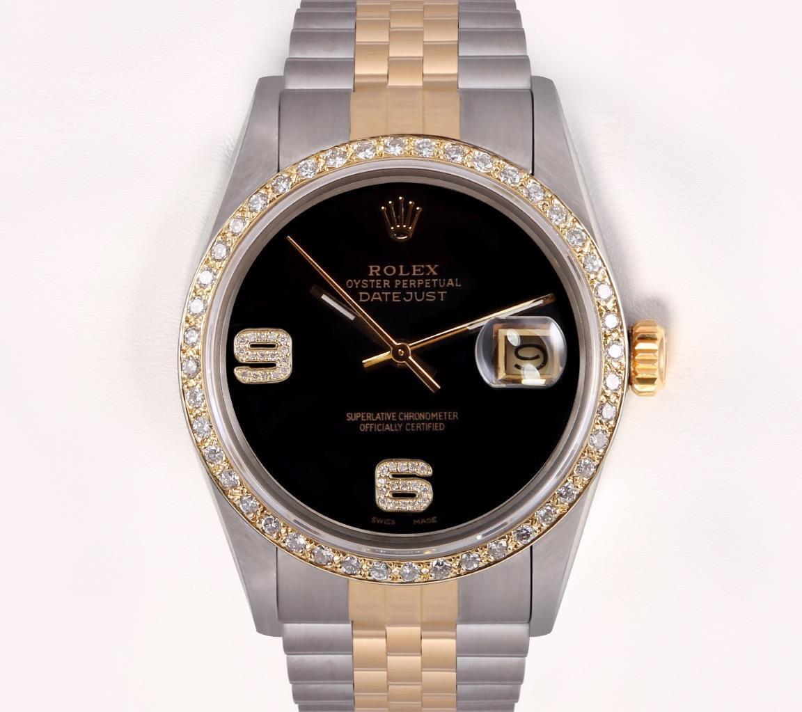 Rolex Datejust Two Tone 36mm Watch 18k Gold Diamond Bezel-Diamond 6&9 Onyx Dial