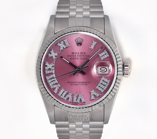 Rolex Datejust Stainless Steel 36mm-18k Fluted Bezel-Ice Pink Roman Diamond Dial