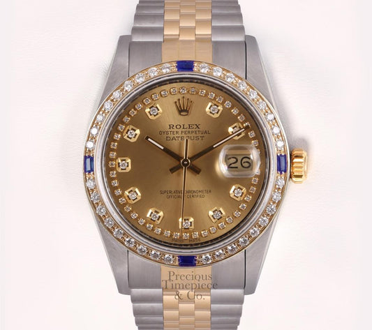 Rolex Datejust 36mm 18k Gold/Steel Sapphire Diamond Bezel-Champagne String Dial