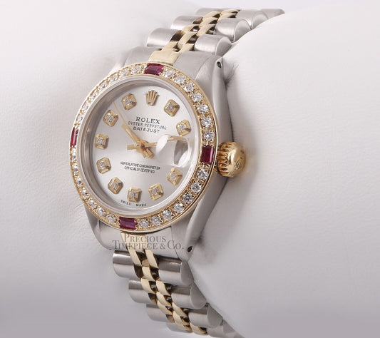 Rolex Lady Datejust 18k Two Tone 26mm Watch-Gray Diamond Dial-Ruby Diamond Bezel