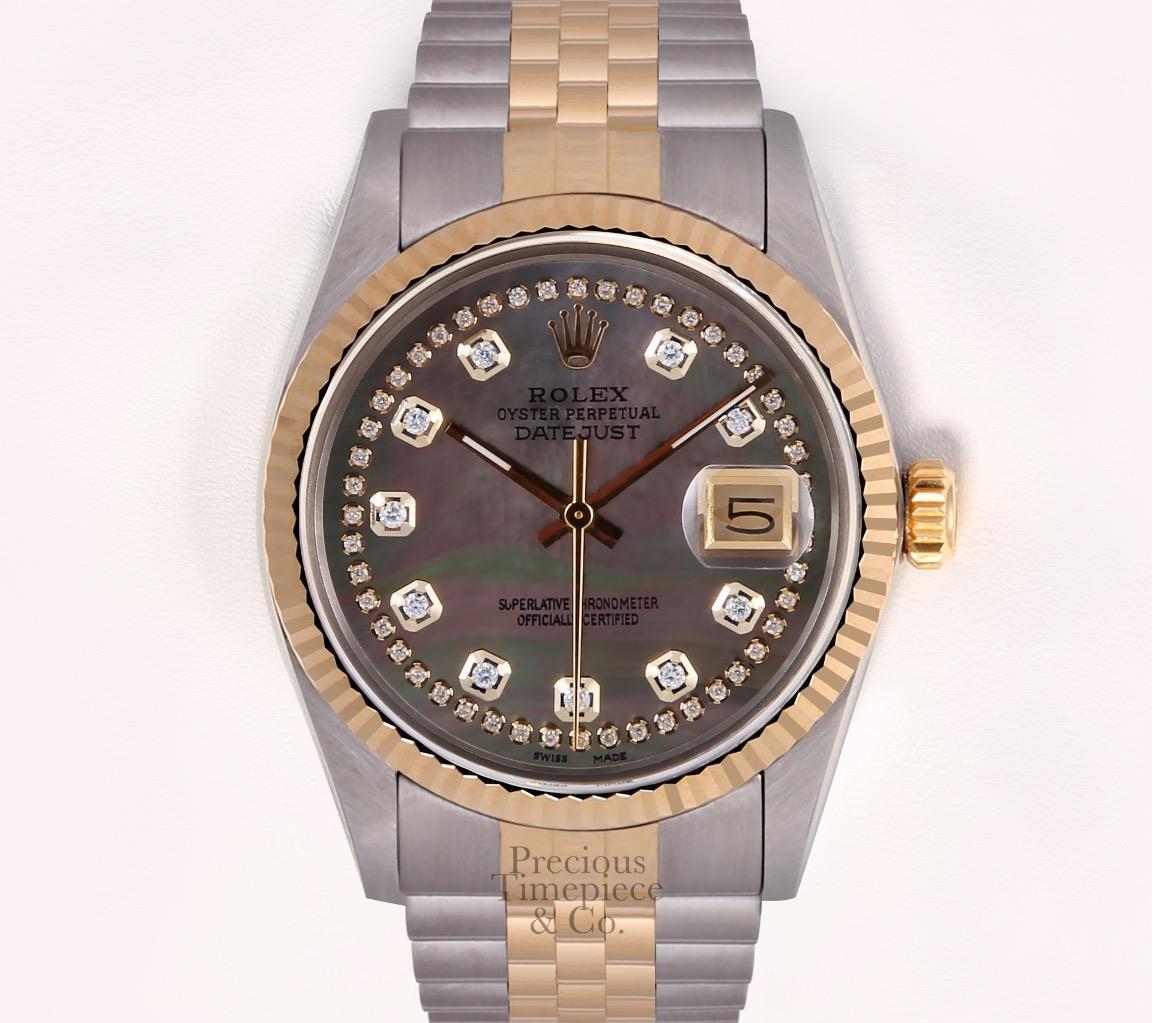 Rolex Men Datejust 36mm Two Tone 18k Fluted-Black MOP String Diamond Dial