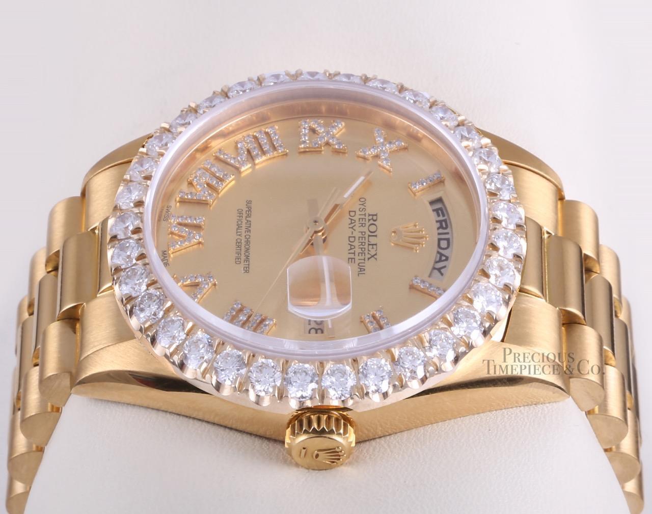 Rolex Mens Day-Date 18238 36mm 18k Gold Diamond Roman Dial-3CT Diamond Bezel