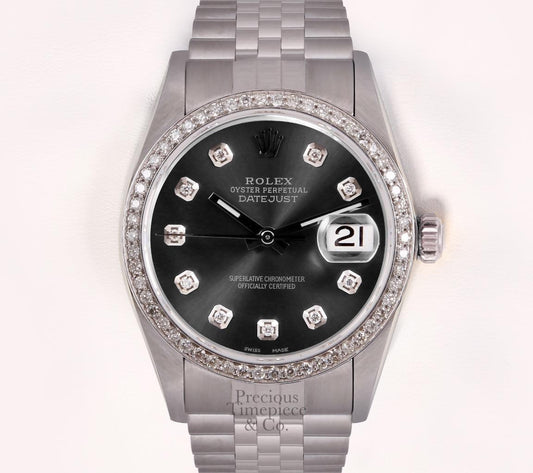 Rolex Men Datejust Stainless Steel 36mm Watch-Gray Diamond Dial-Diamond Bezel