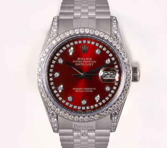 Rolex Datejust S/Steel 36mm-Red Diamond String Dial-Diamond Lugs-Diamond Bezel