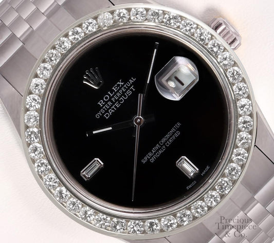 Rolex Datejust SS 36mm Watch-3CT Diamond Bezel-Onyx Baguette Diamond Dial