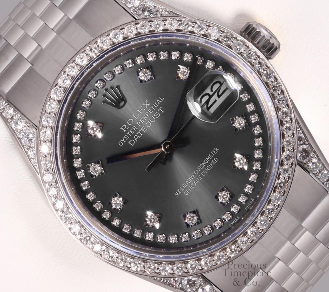 Rolex Datejust Steel 36mm-Gray String Diamond Dial-Diamond Lugs-Diamond Bezel