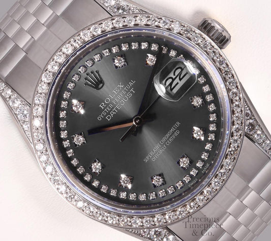 Rolex Datejust Steel 36mm-Gray String Diamond Dial-Diamond Lugs-Diamond Bezel